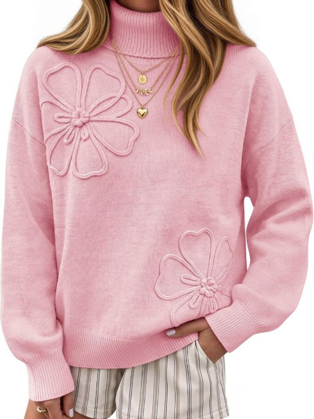 Cozy Floral Turtleneck Pullover Sweater for Women - Fall Fashion Essential 2026